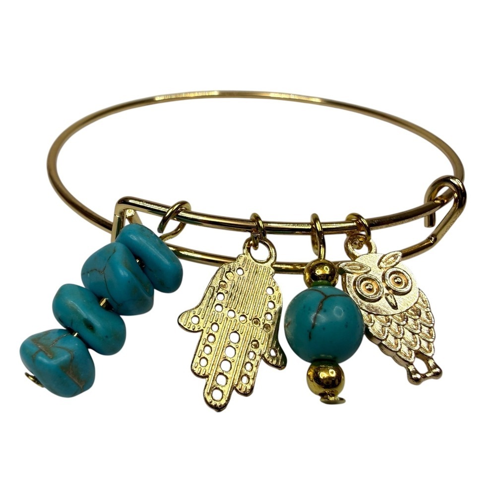Turquoise Cold Stone Gold Tone Expandable Bangle Bracelet with Hamsa Owl Charms